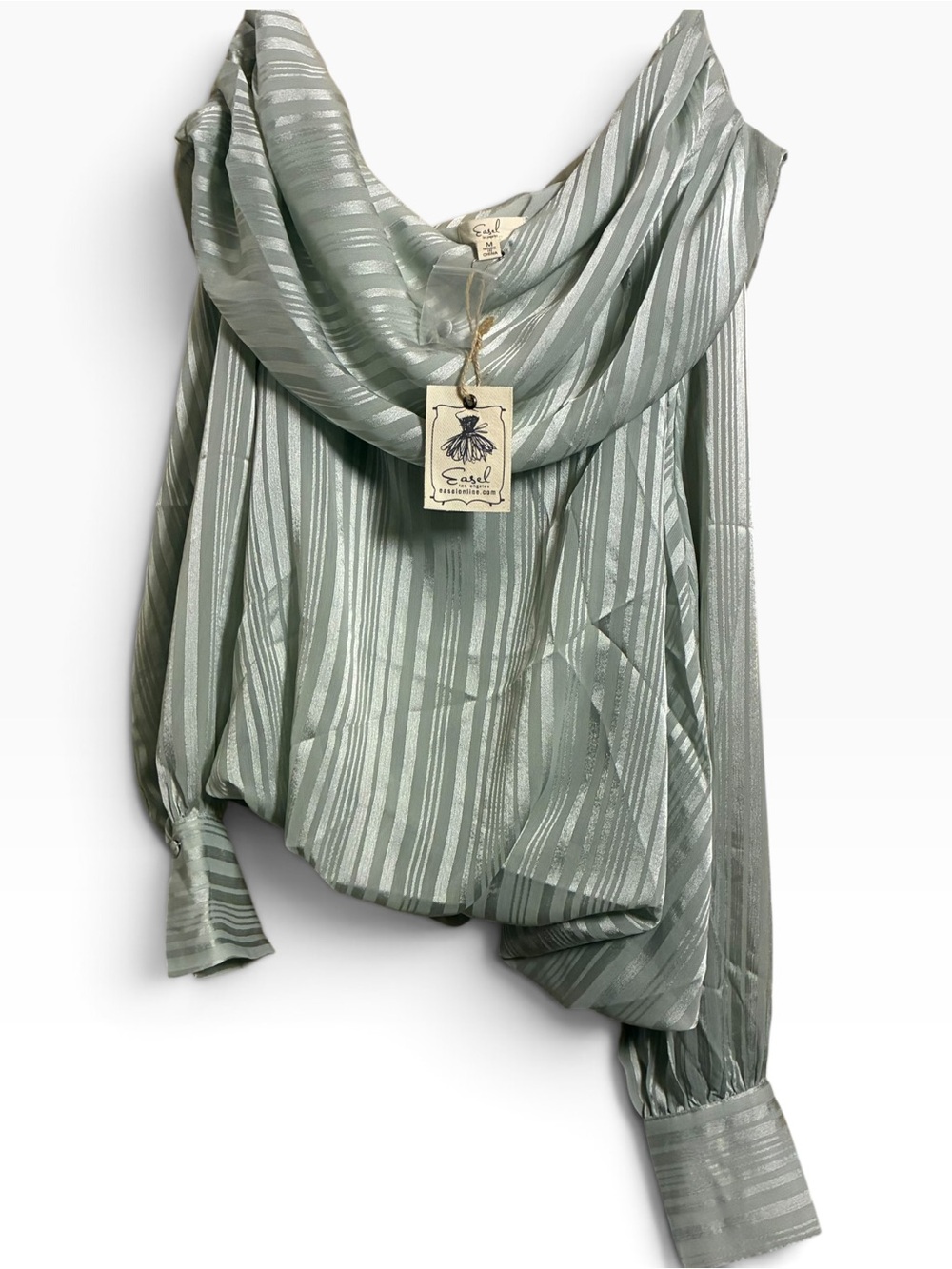 easel Sage Green Metallic Stripe Satin Scarf Blouse
